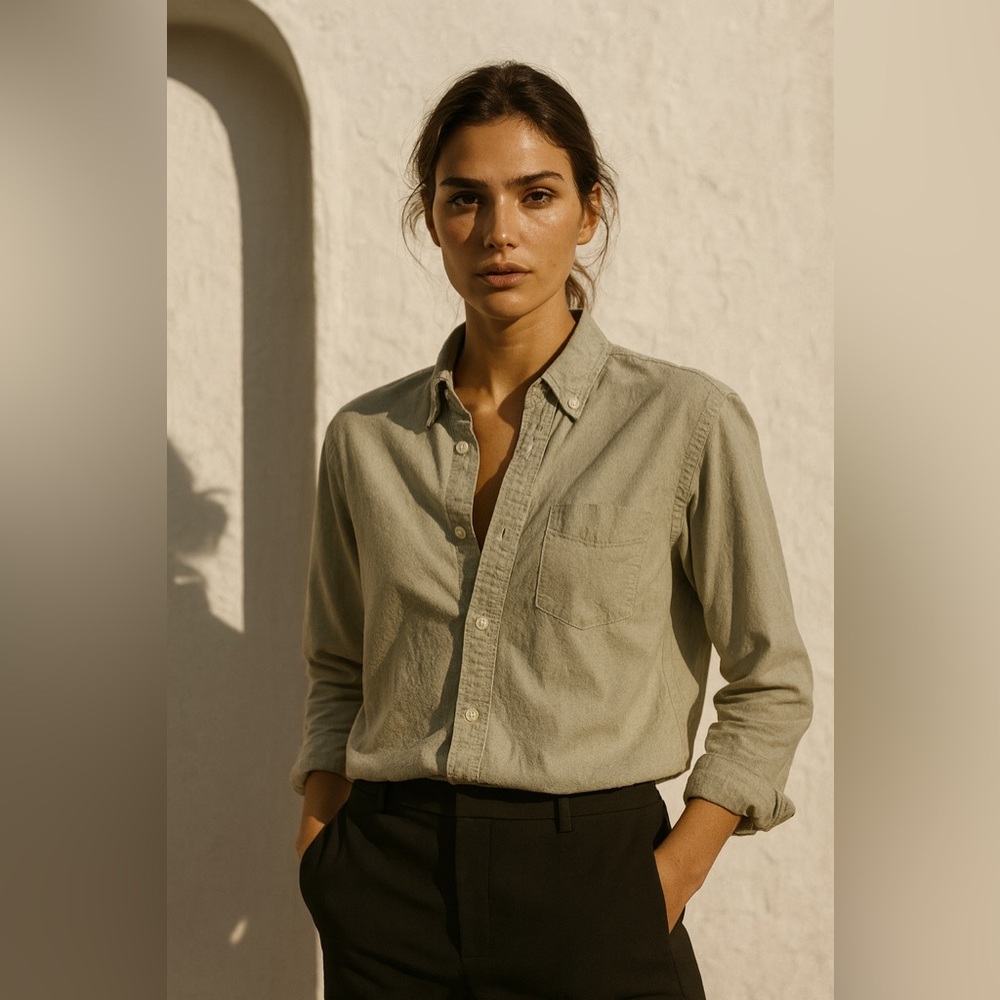 The French Laundry Cotton Boyfriend Shirt Relaxed Fit Sage Button-Down Blouse